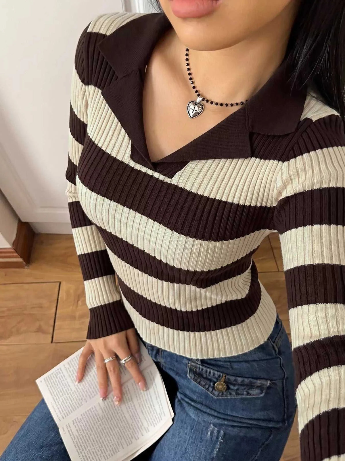 Striped Ribbed Knit Long Sleeve Sweater 100100411888212 40 Women's Sweaters and Knitwear Jerry's Apparel 