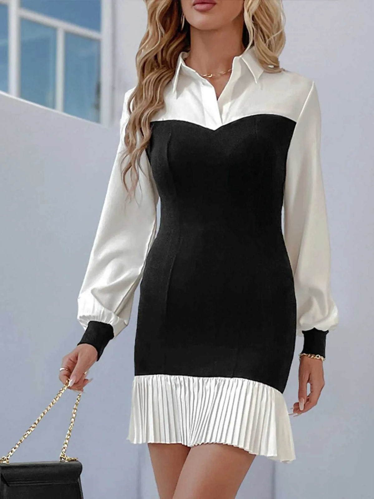 Two Tone Pleated Long Sleeve Shirt Dress 100100148090302 48 Affordable Fashion Under $100 Jerry's Apparel 