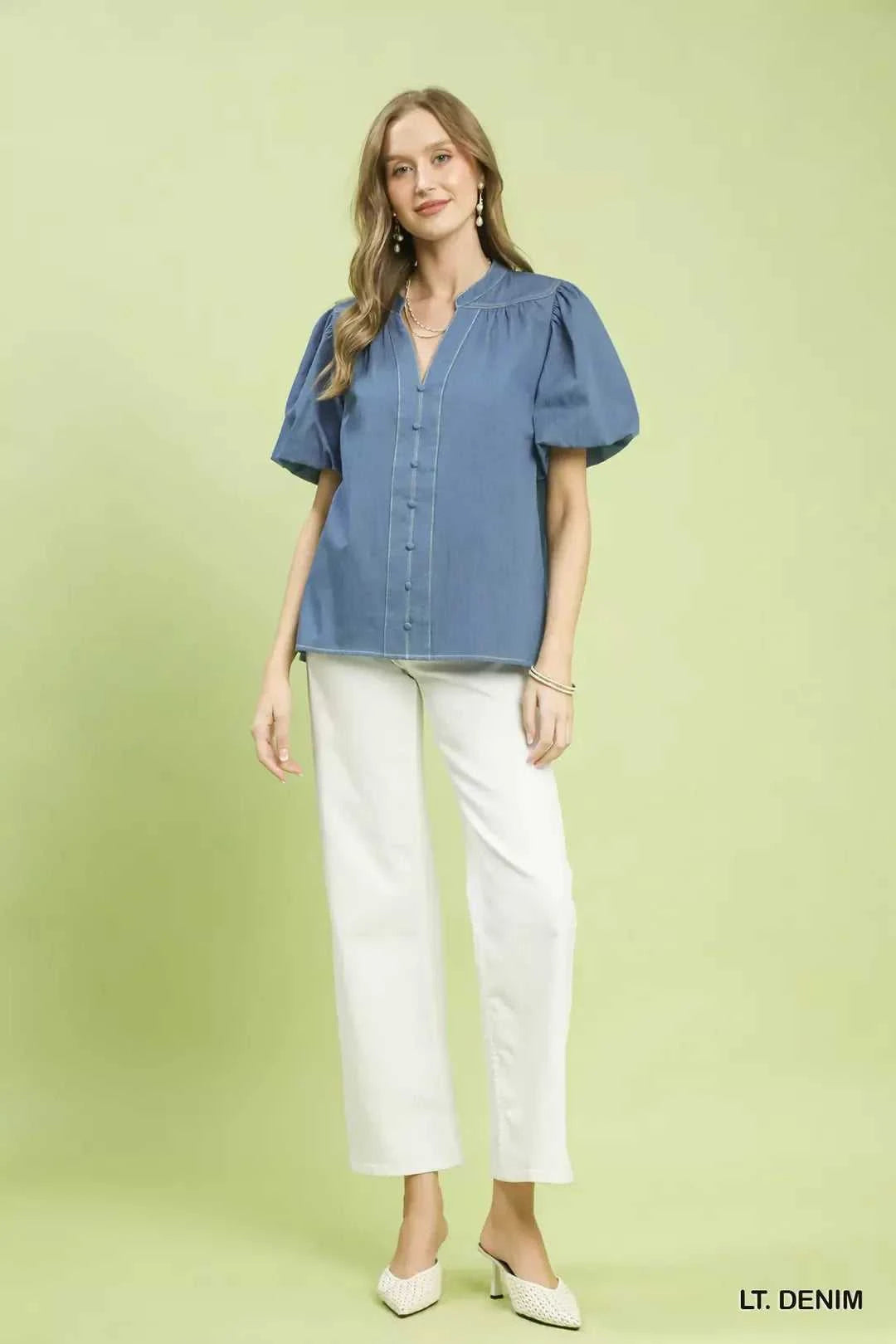 Umgee Denim Button Front Puff Sleeve Boho Blouse 100100988571365 53 Affordable Fashion Under $100 Jerry's Apparel 