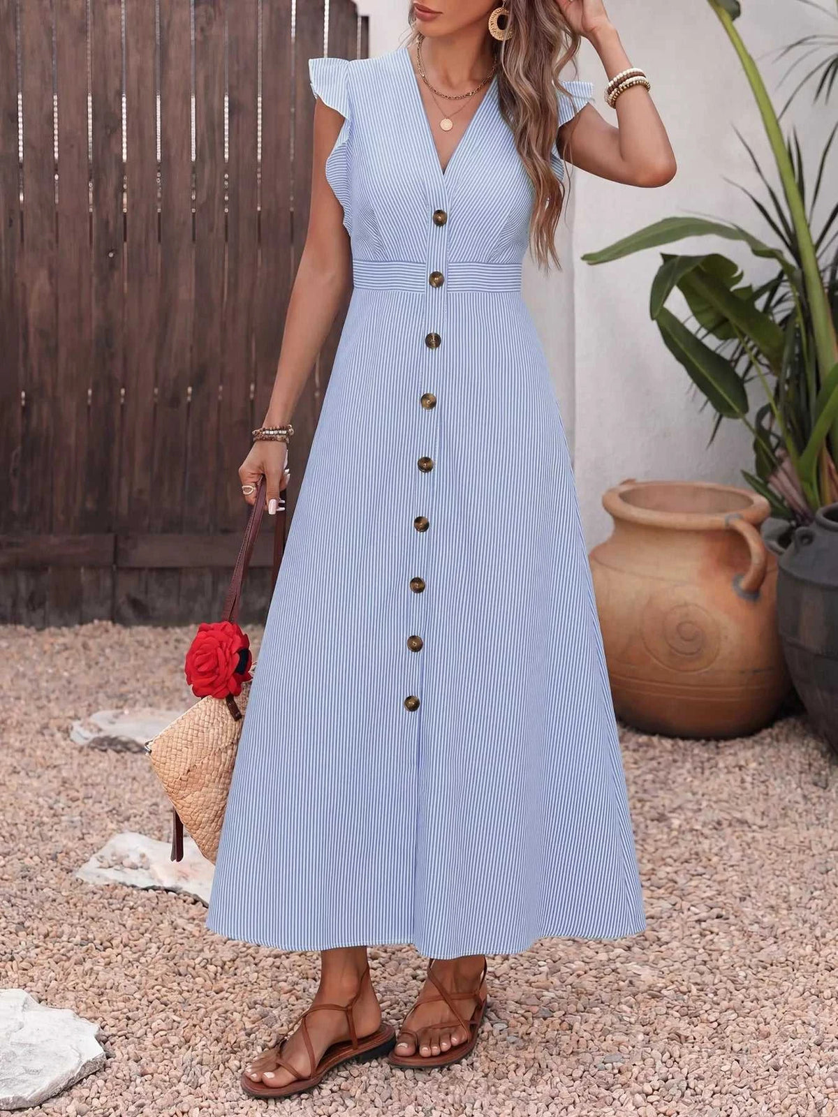 Ruffle Sleeve Button Front Midi Dress 100100781740185 42 Affordable Fashion Under $100 Jerry's Apparel 