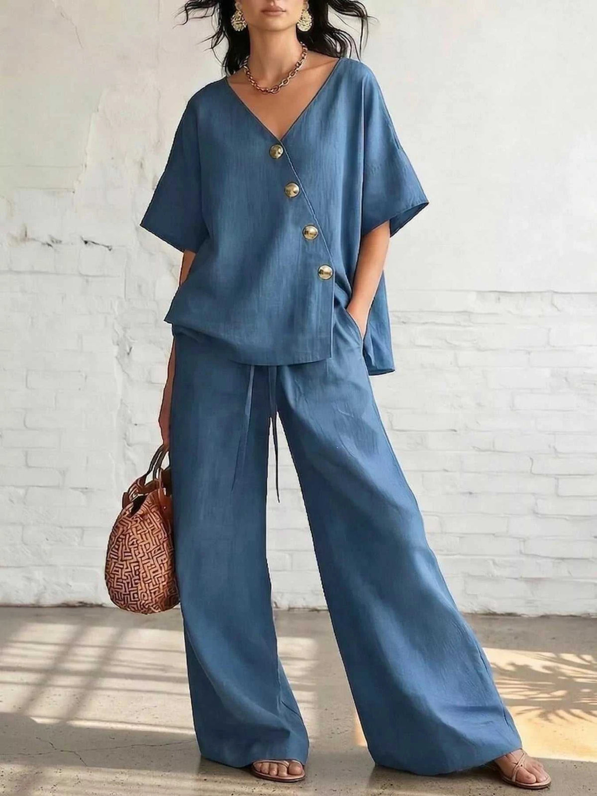 Full Size Surplice Half Sleeve Top and Wide-Leg Pants Set Plus Size 100100693330710 43 Affordable Fashion Under $100 Jerry's Apparel 