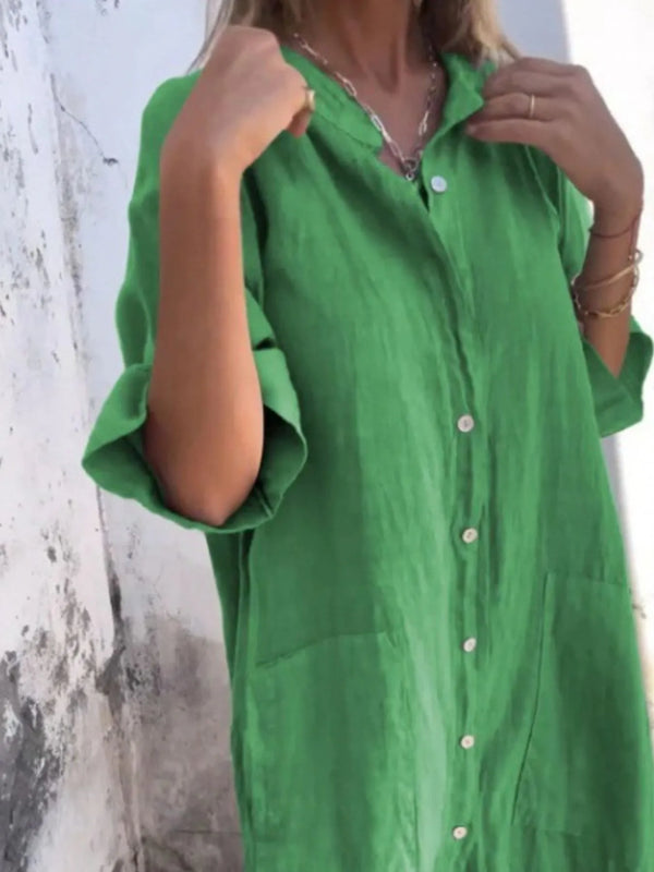 Full Size Casual Linen Button-Down Shirt Dress Plus Size