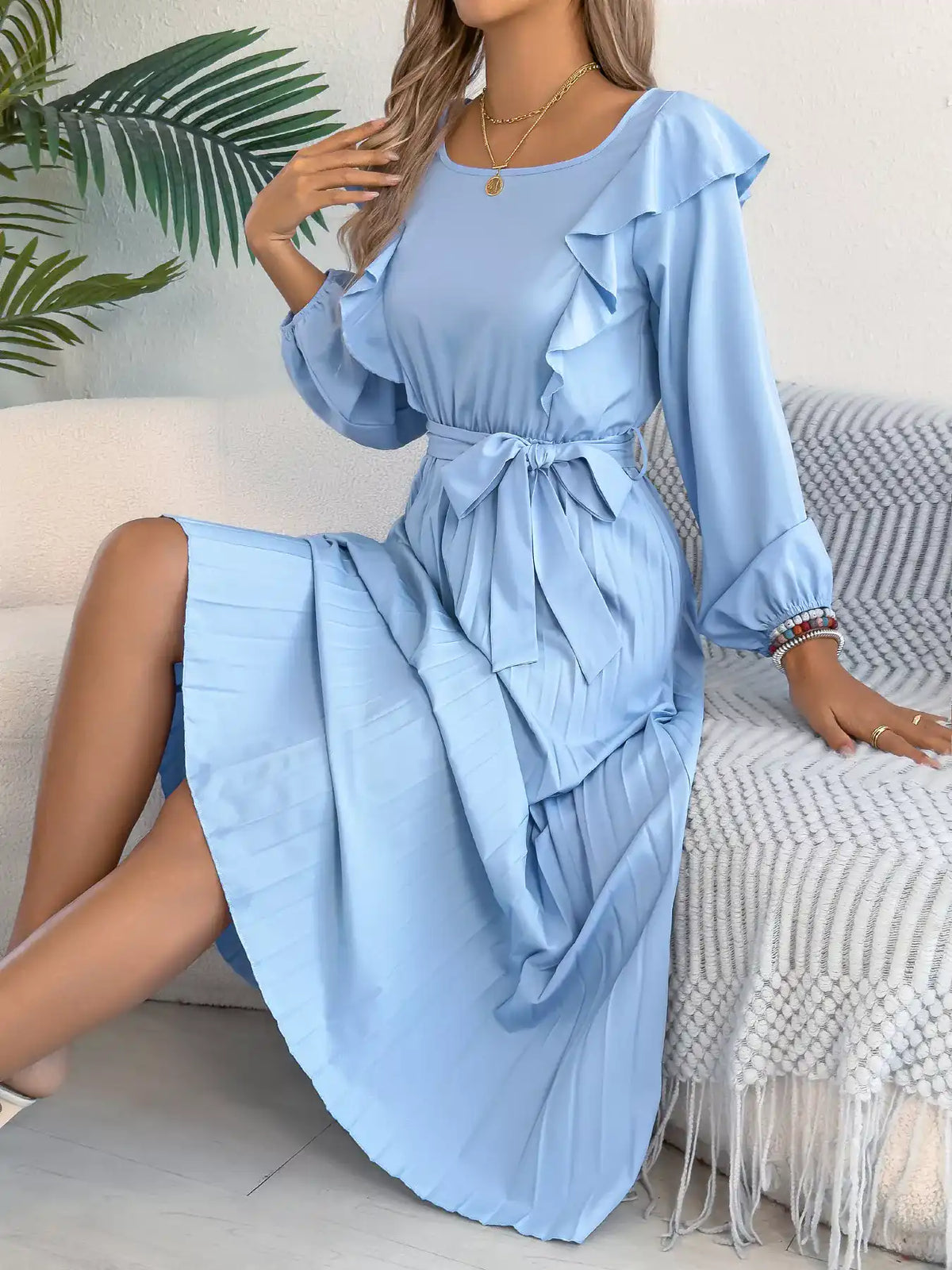 Ruffled Pleated Midi Dress with Waist Tie 101001197851740 44 Affordable Fashion Under $100 Jerry's Apparel 
