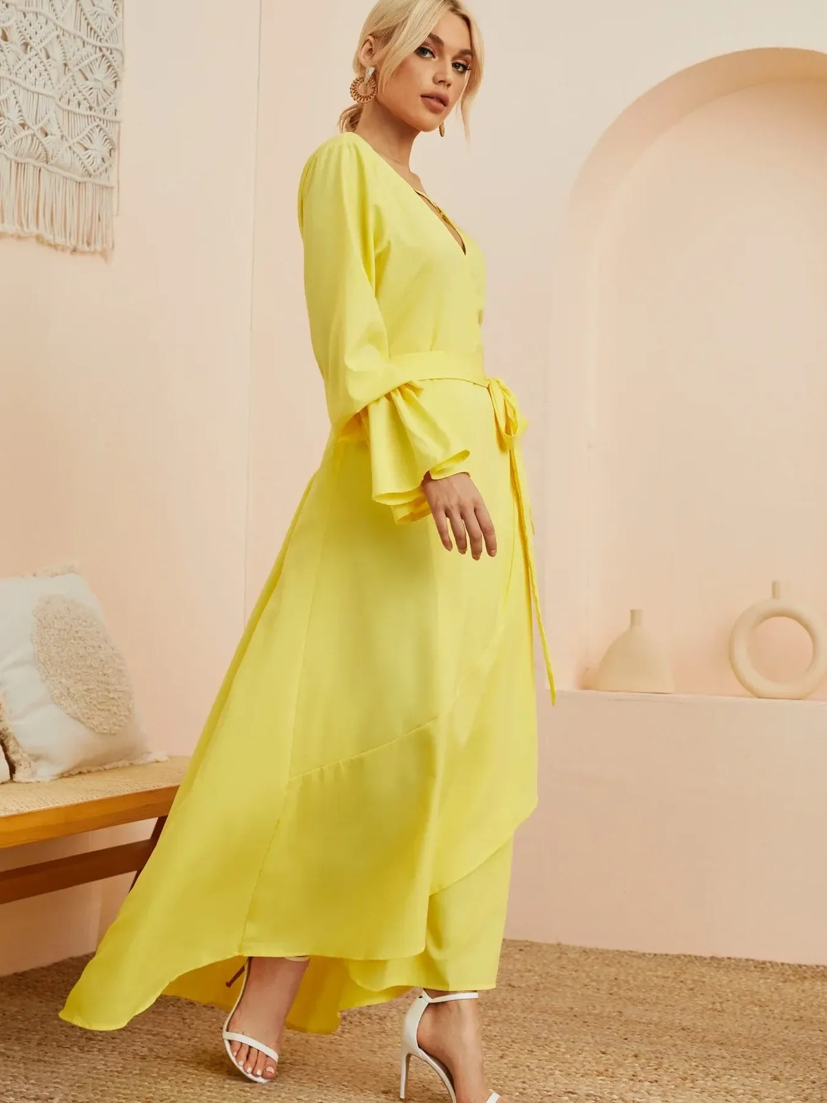 Ruffled Wrap Maxi Dress with Bell Sleeves
