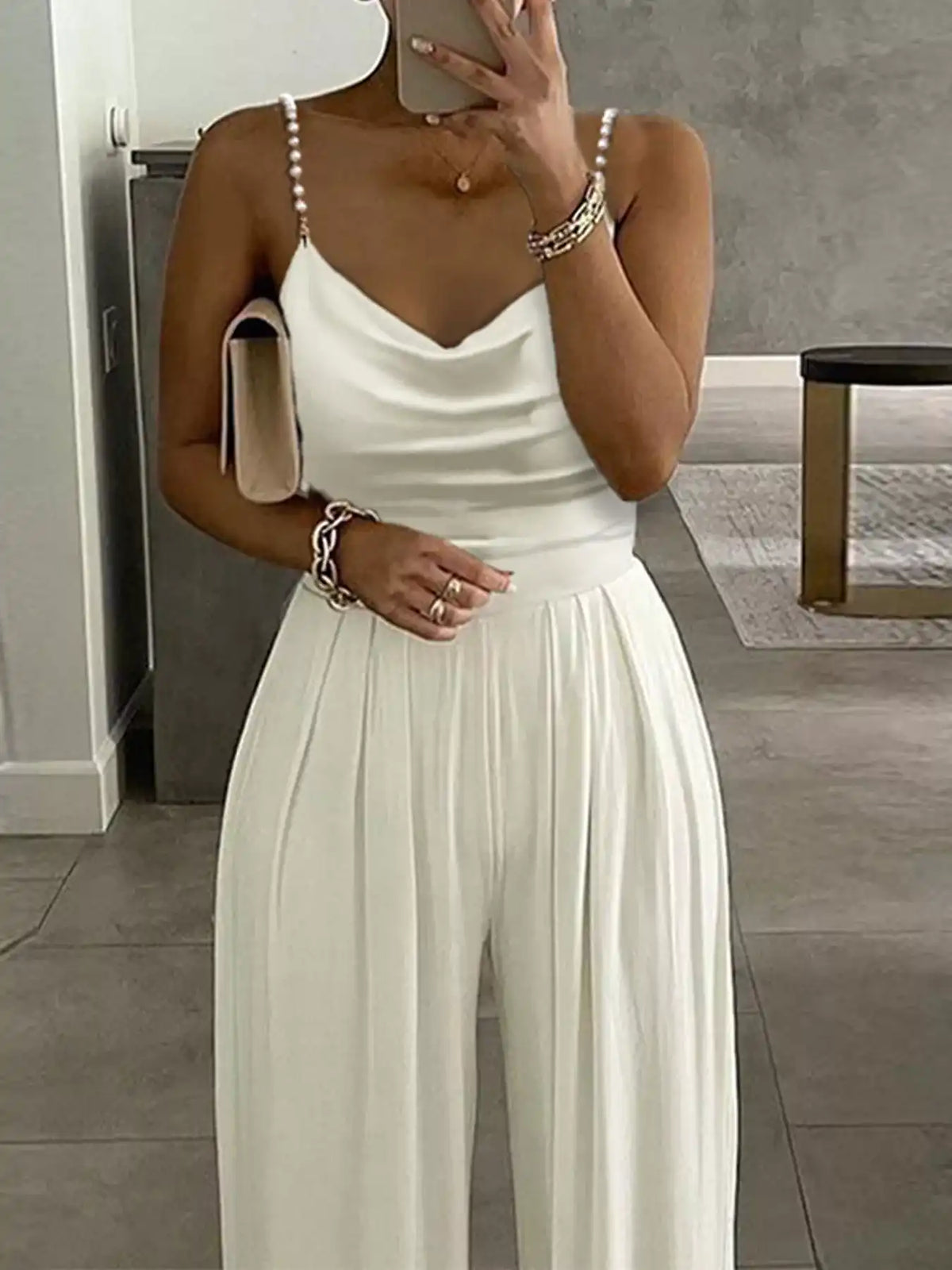 Cowl Neck Jumpsuit with Pearl Strap Detail 101001344414425 39 Affordable Fashion Under $100 Jerry's Apparel 