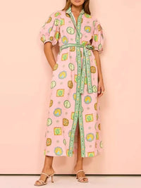 Printed Puff Sleeve Midi Shirt Dress