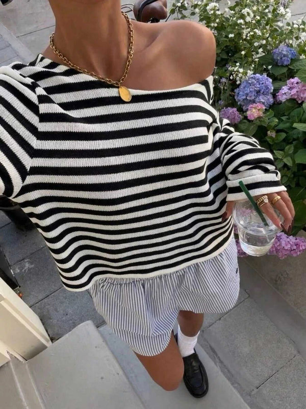 Boat Neck Striped Long Sleeve T-Shirt 101001508251886 40 Jerry's Apparel 
