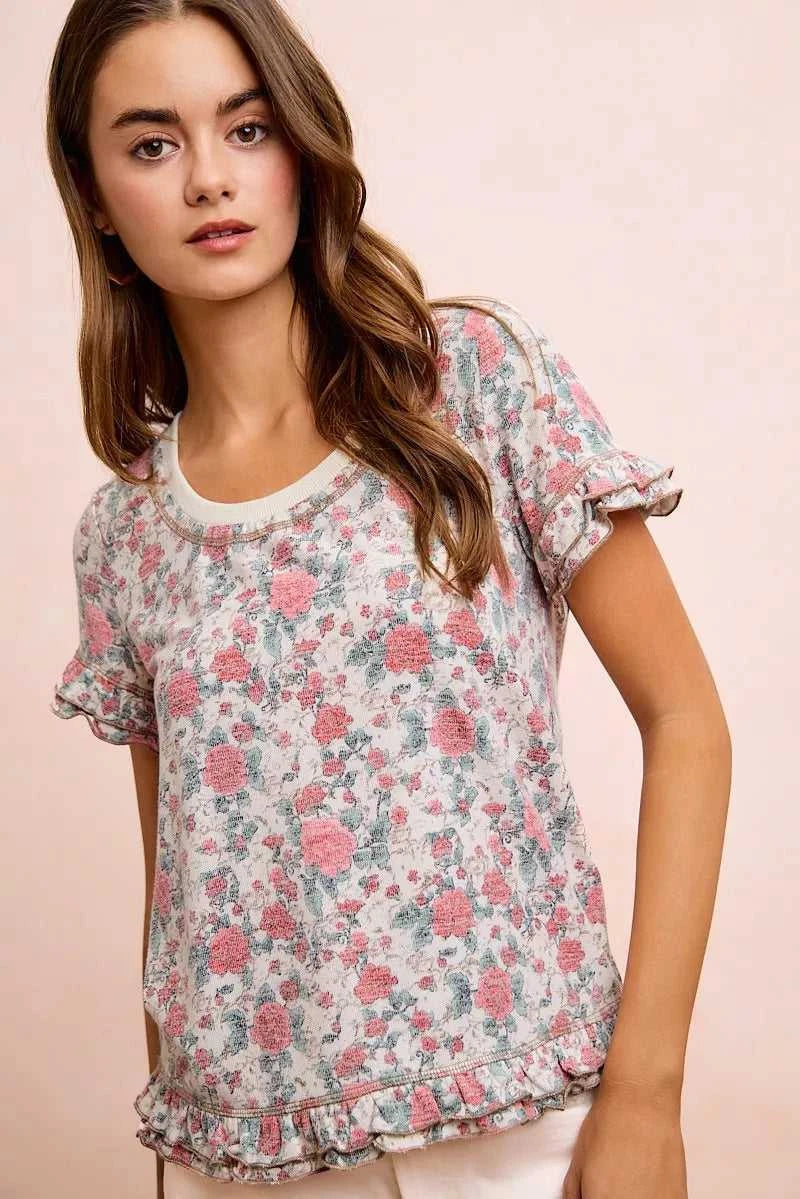 BiBi Rose Printed Slub Knit Ruffled Sleeves Top 100100307291292 38 Affordable Fashion Under $100 Jerry's Apparel 