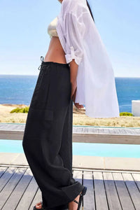 Drawstring Frilled Waist Wide Leg Utility Trousers 100100664290960 36 Affordable Fashion Under $100 Jerry's Apparel 
