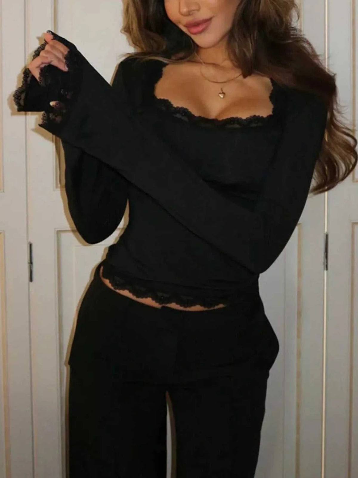 Lace Trim Square Neck Long Sleeve Top 100100247920045 28 Affordable Fashion Under $100 Jerry's Apparel 