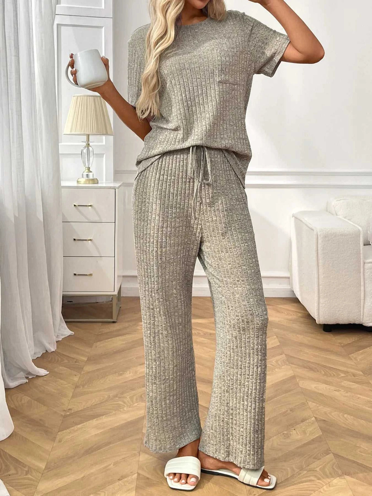 Ribbed Knit Short Sleeve Top and Pants Lounge Set 100100838010625 40 Affordable Fashion Under $100 Jerry's Apparel 