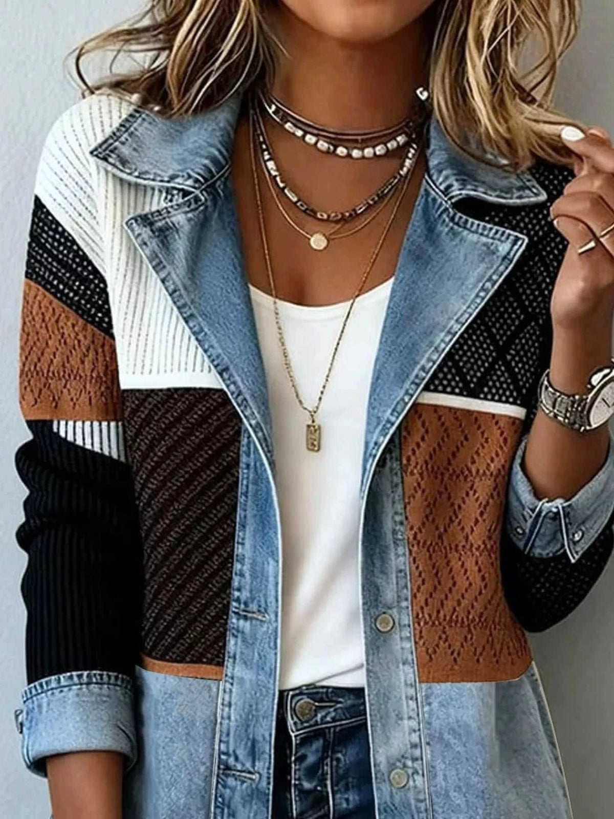 Color-Block Denim and Knit Patchwork Casual Jacket 101003714715332 52 Affordable Fashion Under $100 Jerry's Apparel 