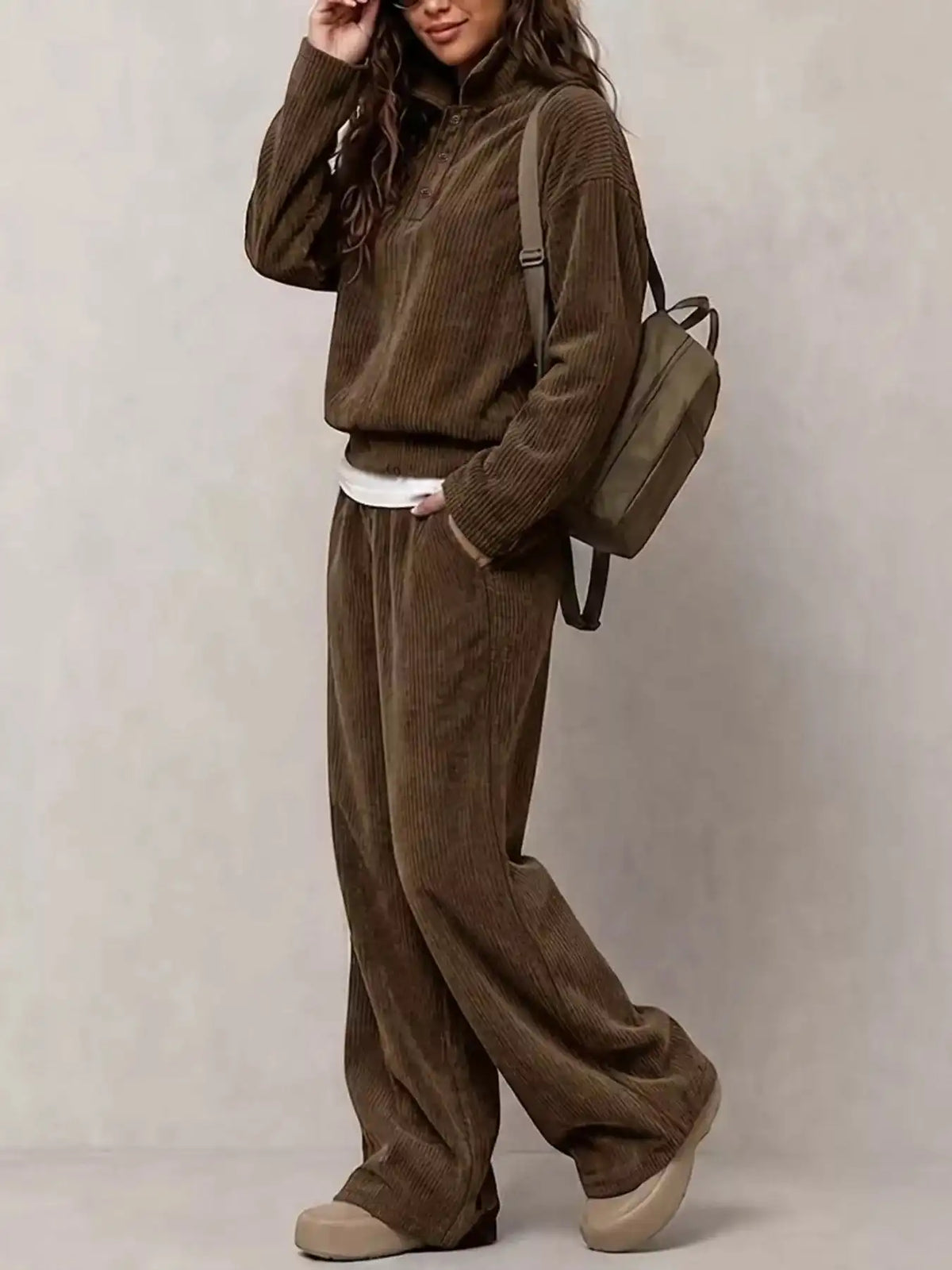 Corduroy Button Detail Top and Wide-Leg Pants Set 101001305640558 63 Affordable Fashion Under $100 Jerry's Apparel 