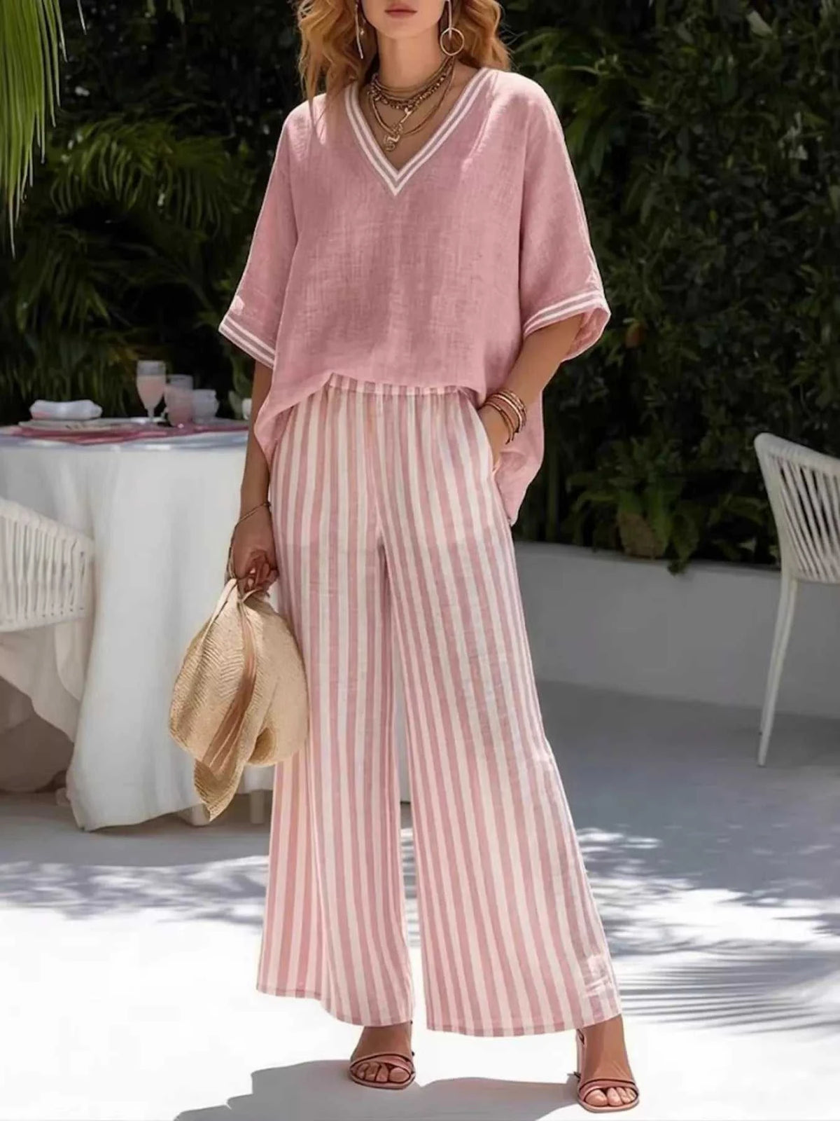 Full Size Striped V-Neck Top and Wide Leg Pants Set Plus Size 100100223355699 52 Affordable Fashion Under $100 Jerry's Apparel 