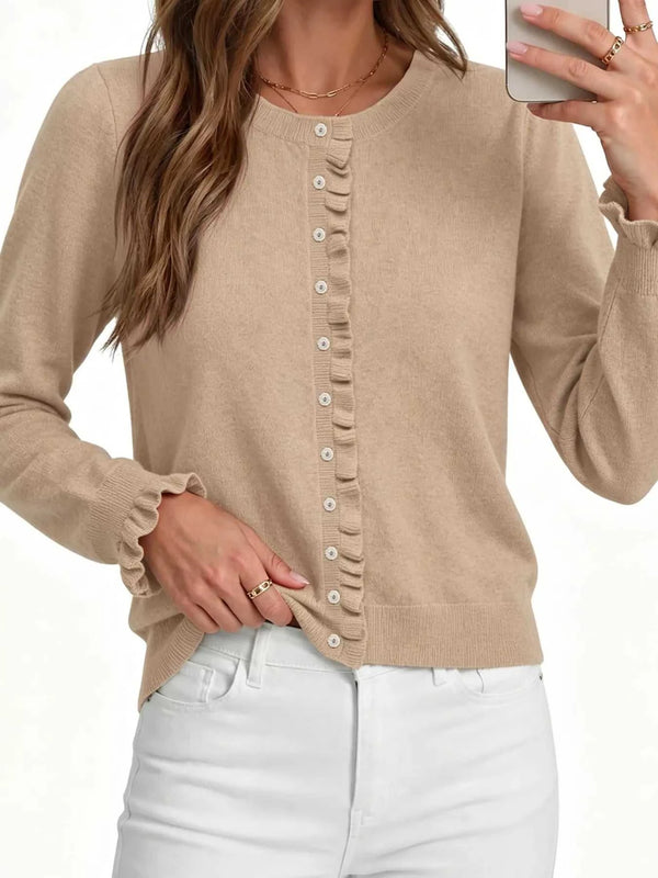 Ruffle-Trimmed Button-Down Knit Cardigan 101002281735681 69 Women's Sweaters and Knitwear Jerry's Apparel 