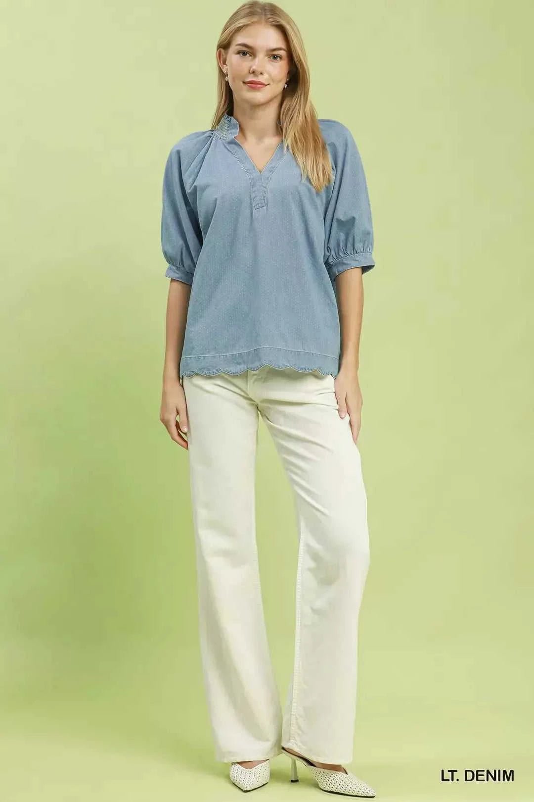 Umgee Textured Puff Sleeve Scallop Hem Blouse 100100035011560 53 Affordable Fashion Under $100 Jerry's Apparel 