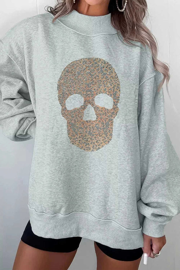 Halloween Rhinestone Skull Graphic Mock Neck Baggy Pullover Sweatshirt 101001038531573 49 Affordable Fashion Under $100 Jerry's Apparel 