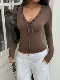 Lace-Trimmed V-Neck Long Sleeve T-Shirt 101001034091782 33 Affordable Fashion Under $100 Jerry's Apparel 