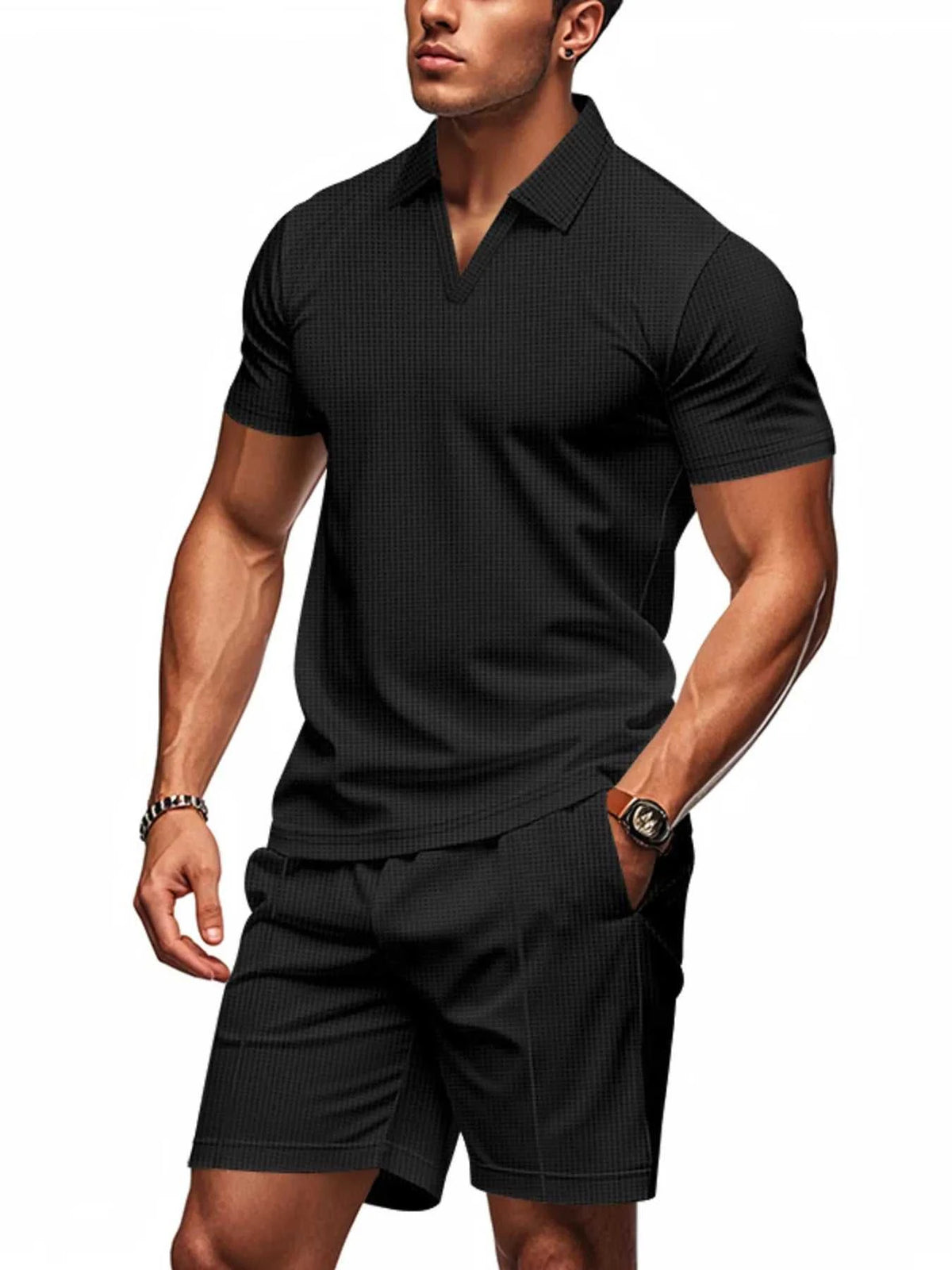 Men's Full Size Textured Short Sleeve Polo and Shorts Set Plus Size 100400402114307 34 Affordable Fashion Under $100 Jerry's Apparel 