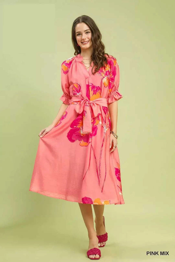 Umgee Floral Flounce Sleeve Midi Dress with Belted 100100356091904 66 Affordable Fashion Under $100 Jerry's Apparel 
