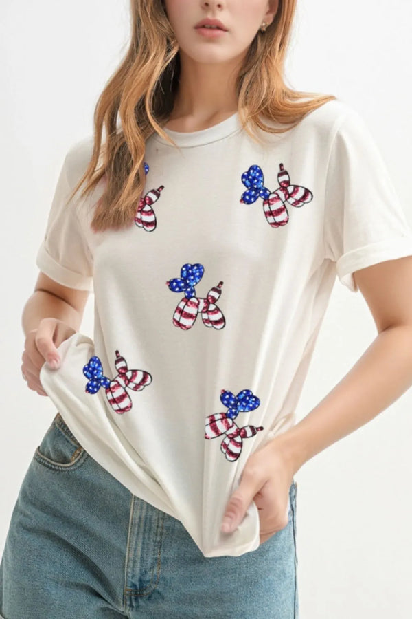 Sequin Stars and Stripes Balloon Puppy Graphic Crewneck Tee