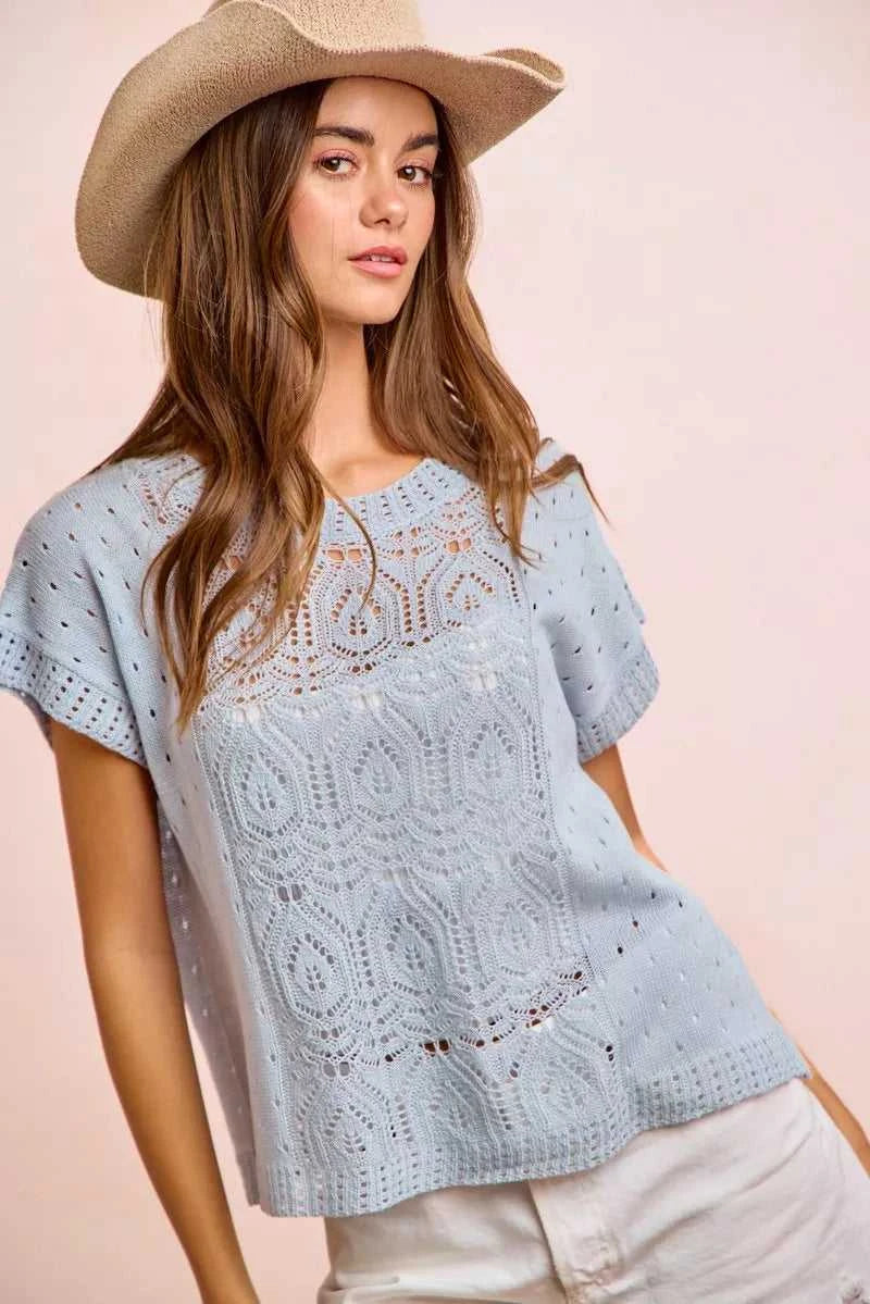 BiBi Washed Eyelet Short Sleeve Breathable Knit Top 100100212911752 43 Affordable Fashion Under $100 Jerry's Apparel 