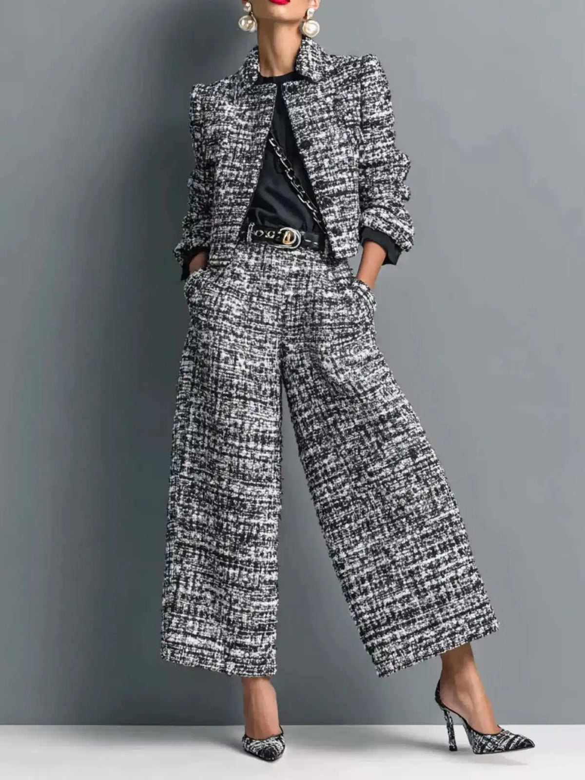 Tweed Cropped Jacket and Wide-Leg Pants Set 101001838048696 65 Affordable Fashion Under $100 Jerry's Apparel 