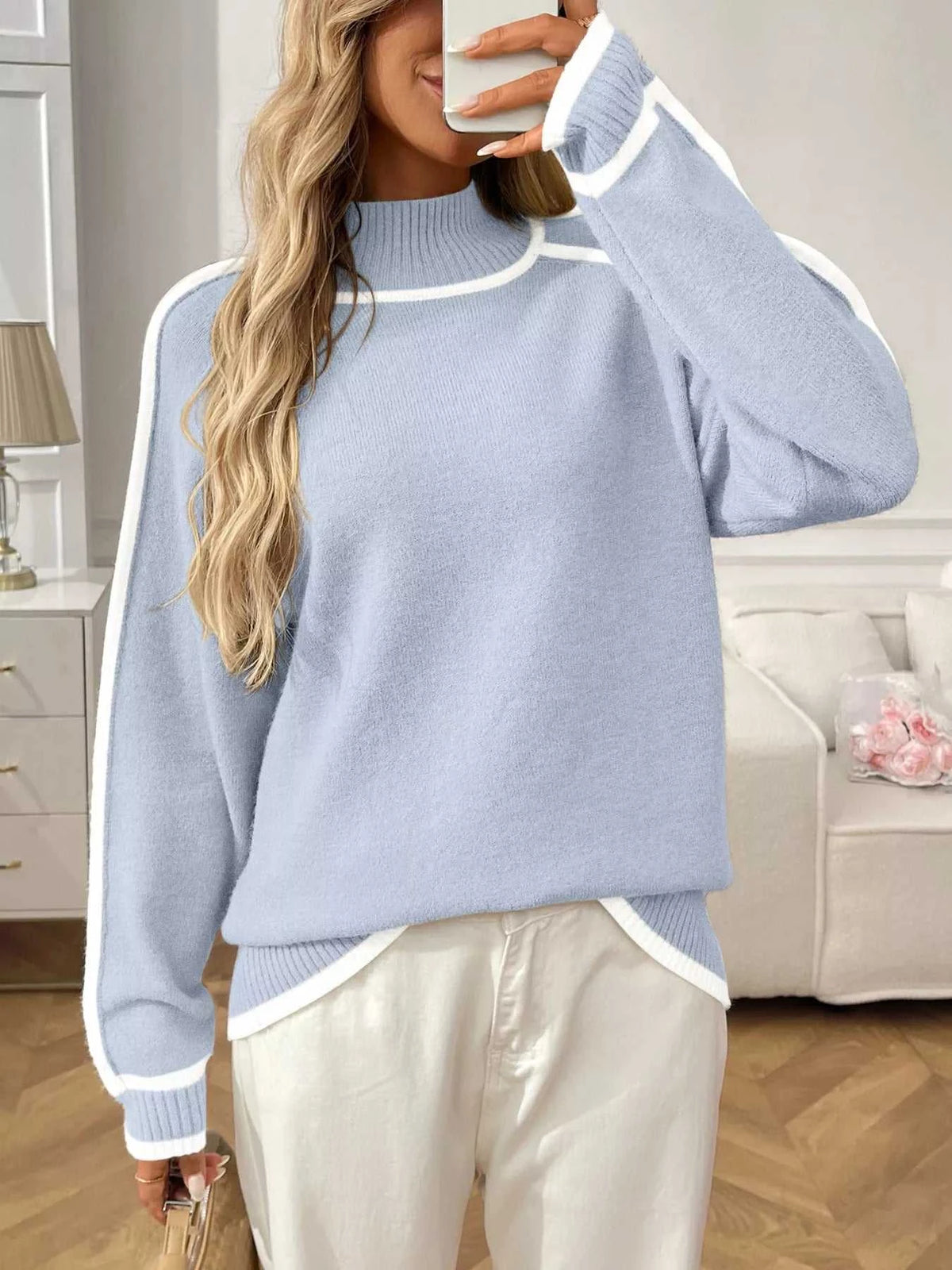 Contrast Trim Turtleneck Long Sleeve Sweater 100100412481042 50 Seasonal Fashion Collections Jerry's Apparel 