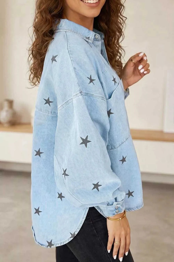 Light Wash Star Print Denim Jacket 100100919130298 84 Affordable Fashion Under $100 Jerry's Apparel 