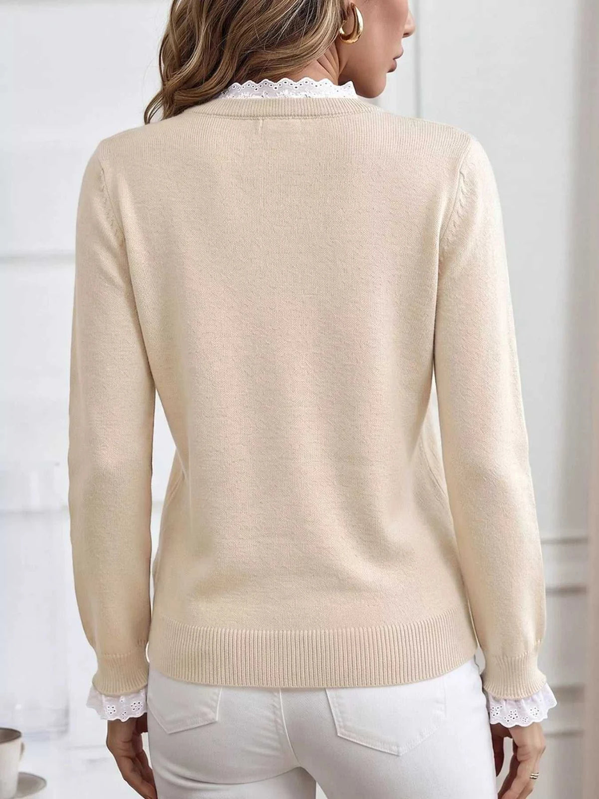 Elegant Lace Trim Round Neck Sweater 100100201428003 44 Affordable Fashion Under $100 Jerry's Apparel 