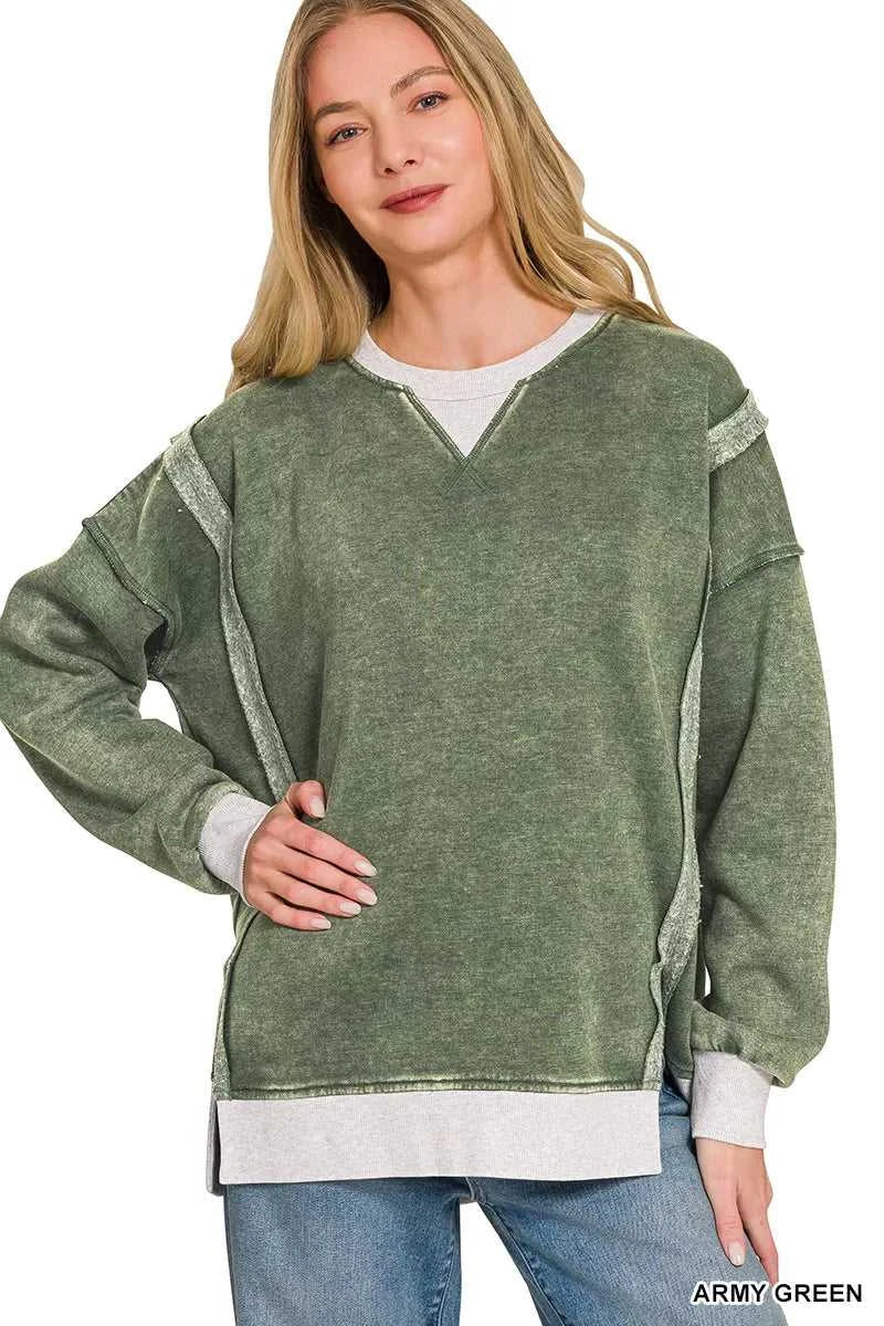 Zenana Fleece Acid Washed Contrast Trim Sweatshirt 100100900791915 39 Affordable Fashion Under $100 Jerry's Apparel 