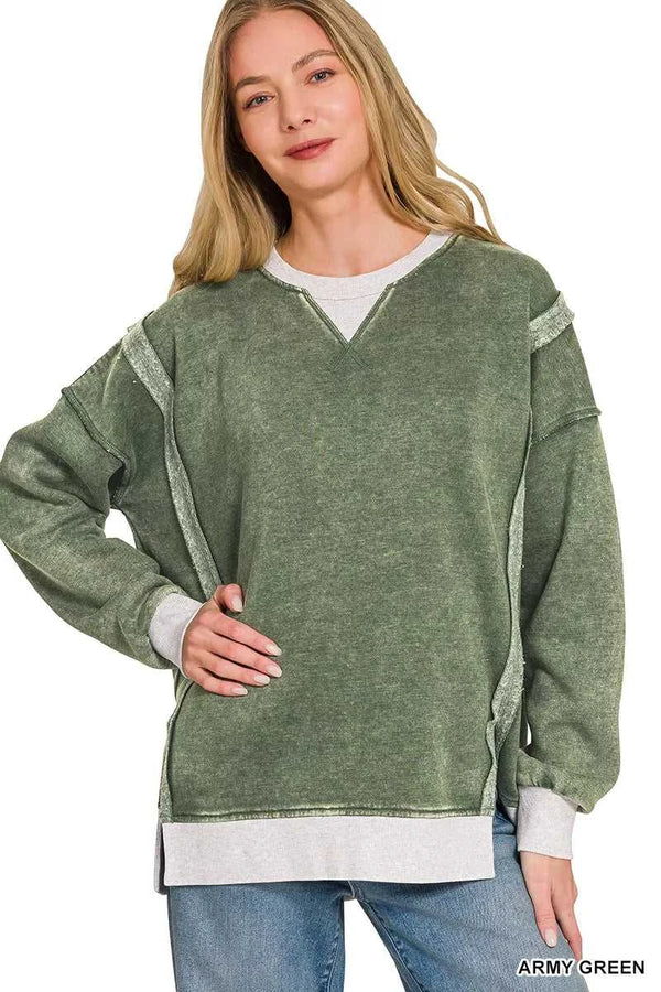 Zenana Fleece Acid Washed Contrast Trim Sweatshirt 100100900791915 39 Affordable Fashion Under $100 Jerry's Apparel 