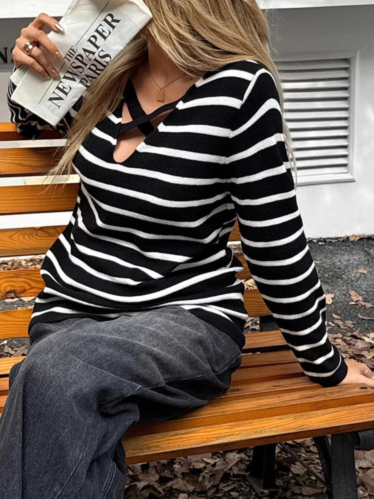 Striped Cross Front Long Sleeve Knit Top 100100783512927 50 Affordable Fashion Under $100 Jerry's Apparel 