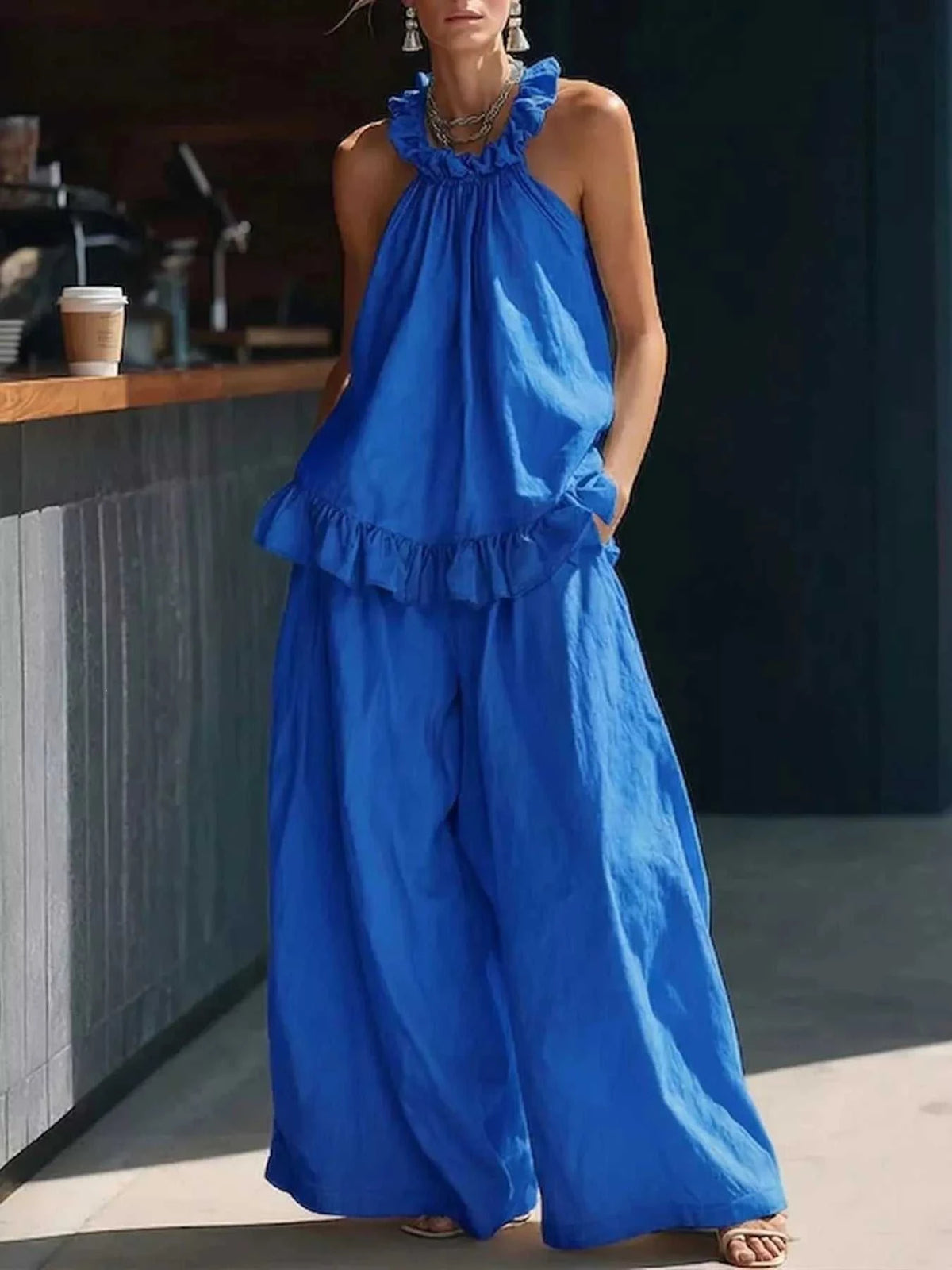 Full Size Ruffled Halter Neck Top and Wide-Leg Pants Set Plus Size 100100136728572 49 Affordable Fashion Under $100 Jerry's Apparel 