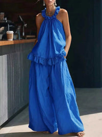 Full Size Ruffled Halter Neck Top and Wide-Leg Pants Set Plus Size 100100136728572 49 Affordable Fashion Under $100 Jerry's Apparel 
