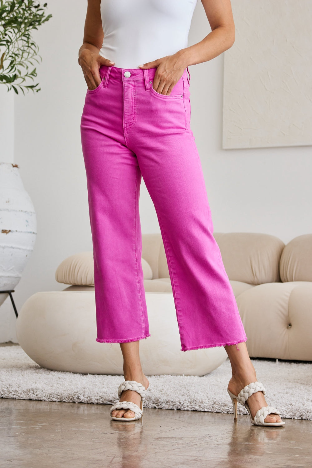 Full Size Tummy Control High Waist Raw Hem Jeans Pink Rouge