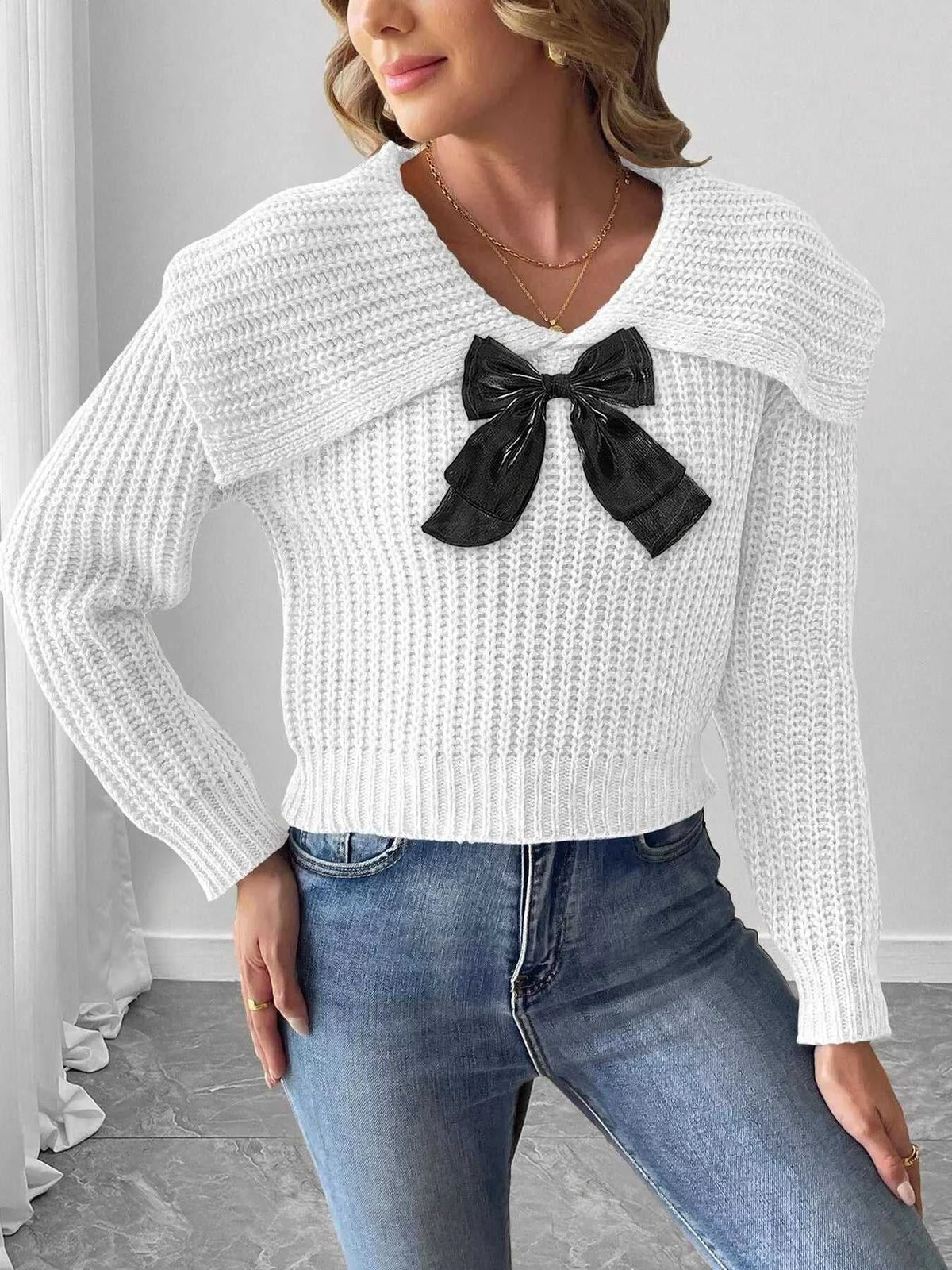 Contrast Bow Long Sleeve Sweater 101002743266724 37 Affordable Fashion Under $100 Jerry's Apparel 