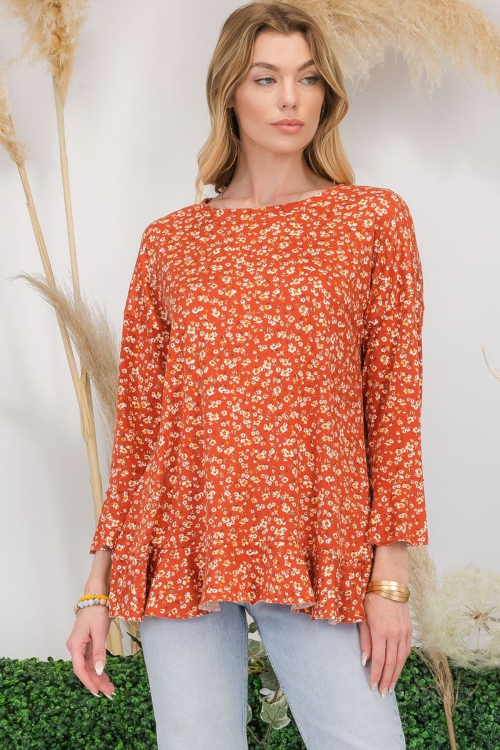 Full Size Floral Ruffle Detail Top