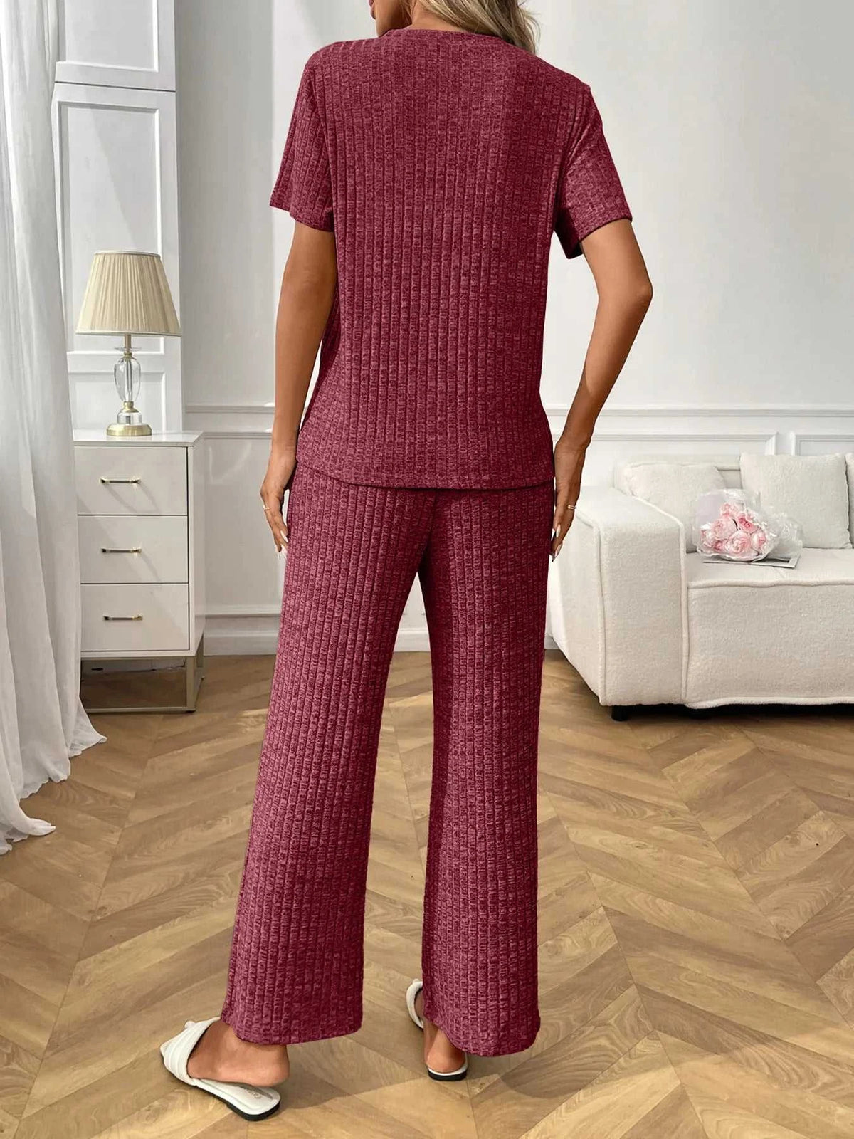 Ribbed Knit Short Sleeve Top and Pants Lounge Set 100100838010625 40 Affordable Fashion Under $100 Jerry's Apparel 