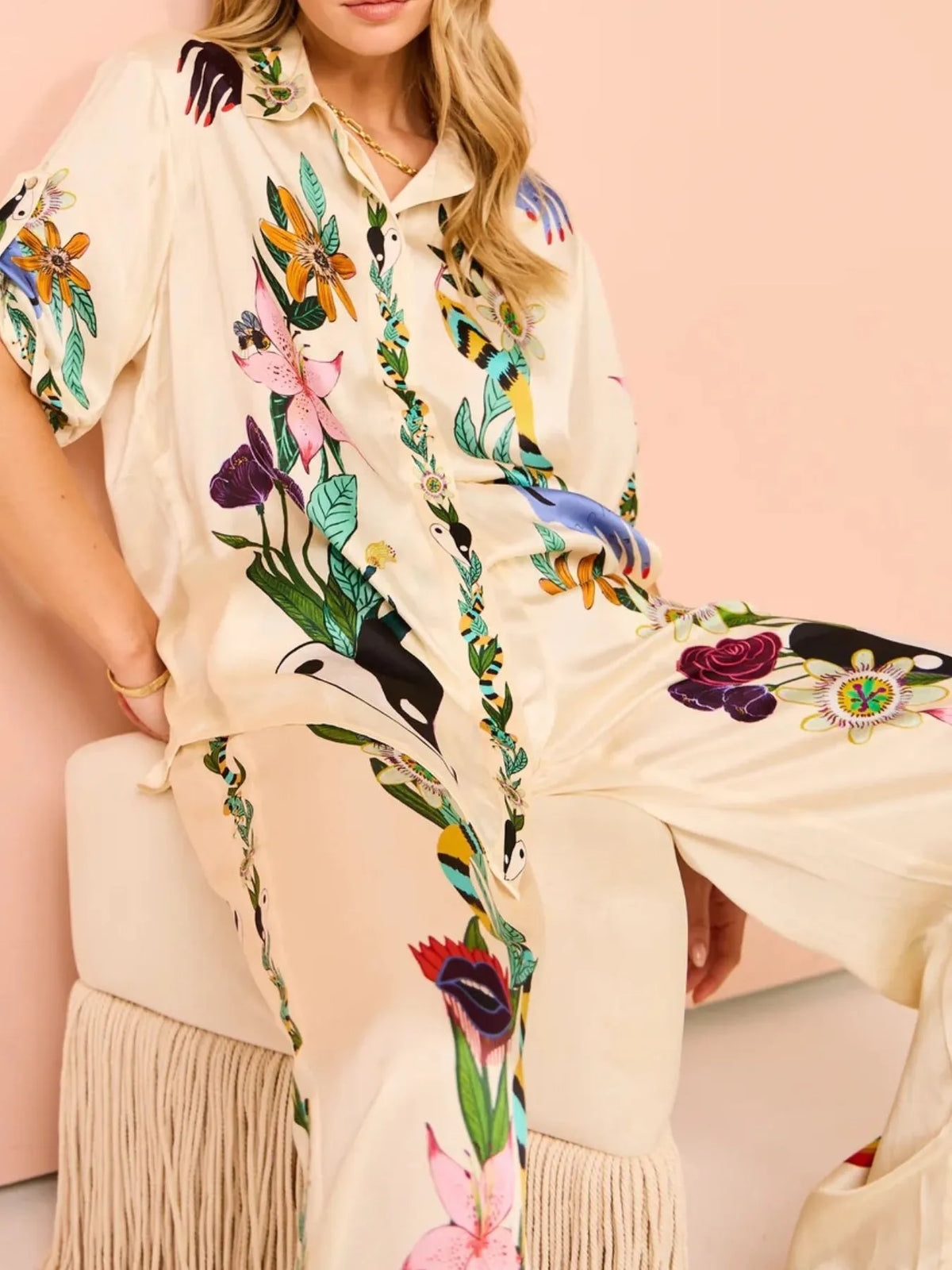 Printed Button Up Shirt and Pants Set