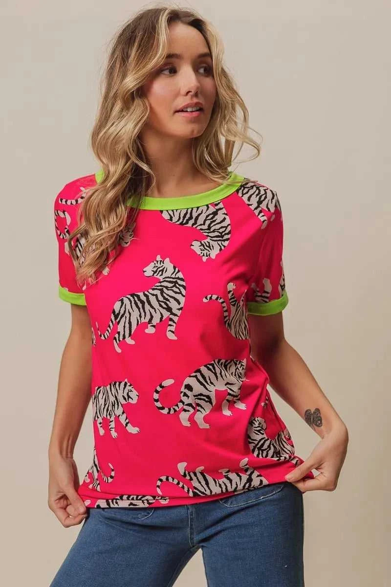 BiBi Big Tiger Print Jersey Contrast Ringer Top 100100215151725 27 Affordable Fashion Under $100 Jerry's Apparel 