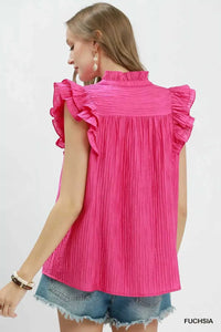 Umgee Textured Ruffle Sleeve Split V Neck Top 100100701051580 51 Affordable Fashion Under $100 Jerry's Apparel 
