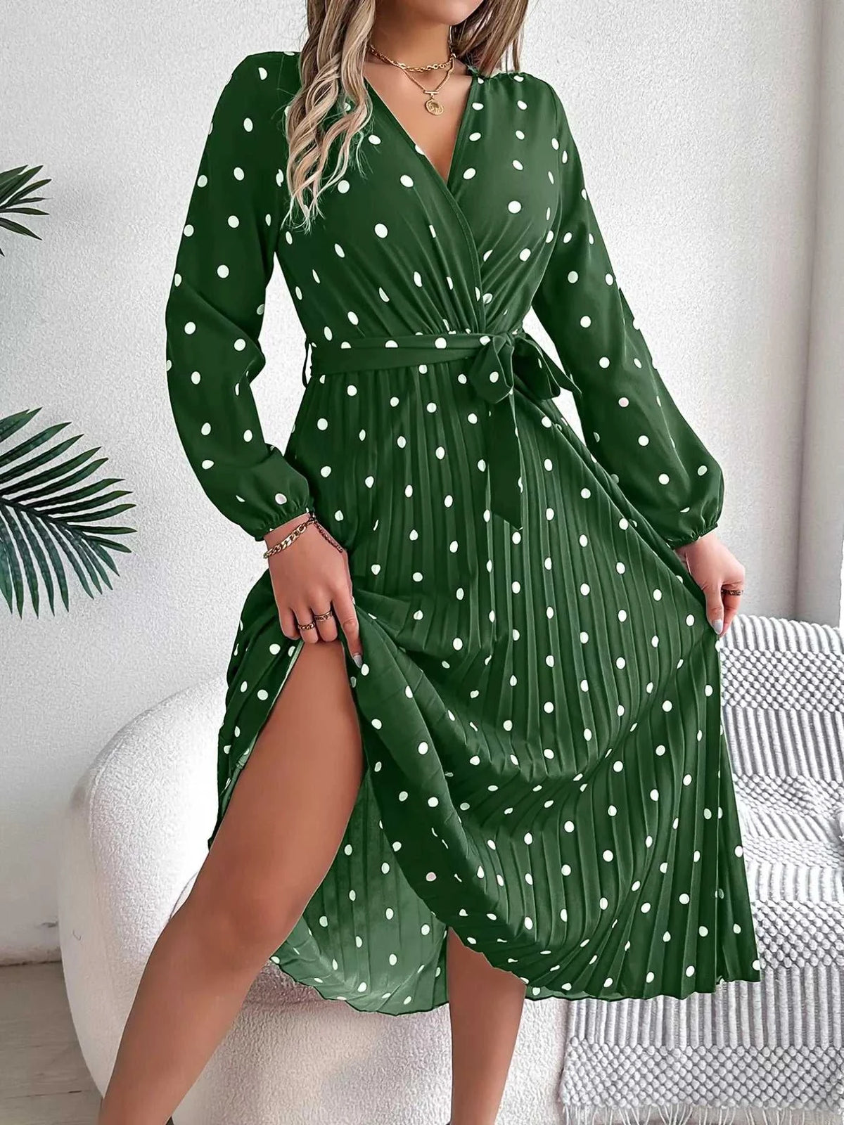 Front Tie Polka Dot Midi Pleated Dress 100100612892124 36 Gifts for Her Jerry's Apparel 