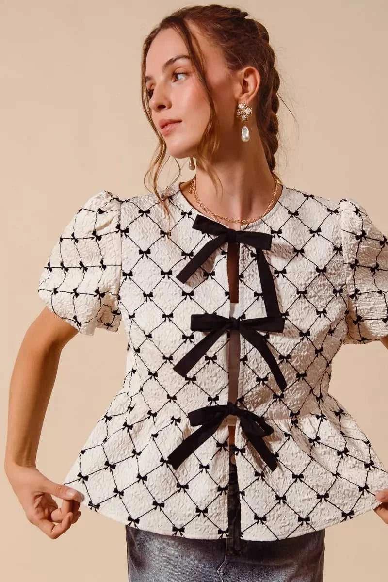 SO ME Bow Texture Woven Peplum Top With Contrast Tie 100100696611485 51 Affordable Fashion Under $100 Jerry's Apparel 