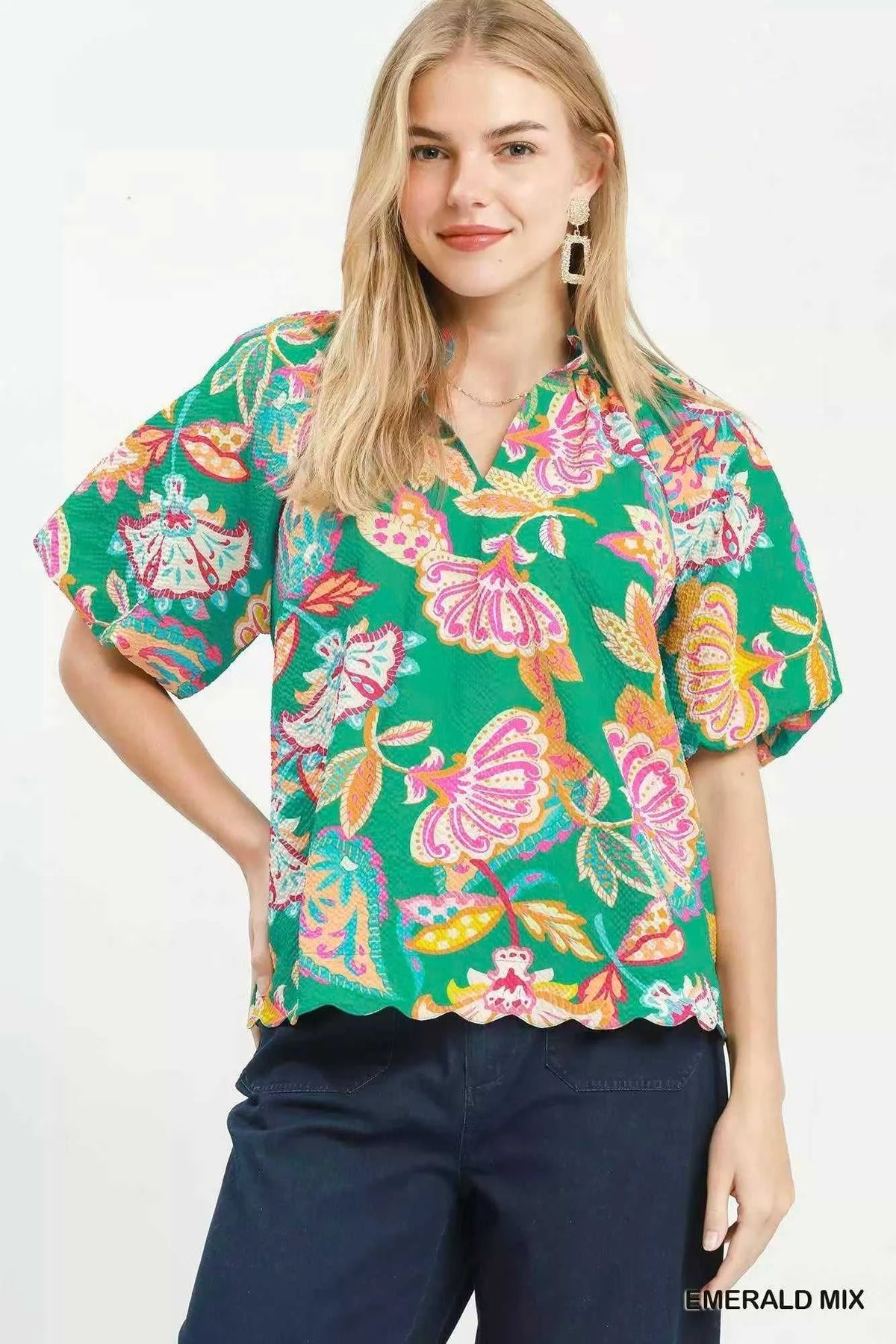 Umgee Mix Floral Print Scallop Hem Blouse 100100293621635 47 Affordable Fashion Under $100 Jerry's Apparel 