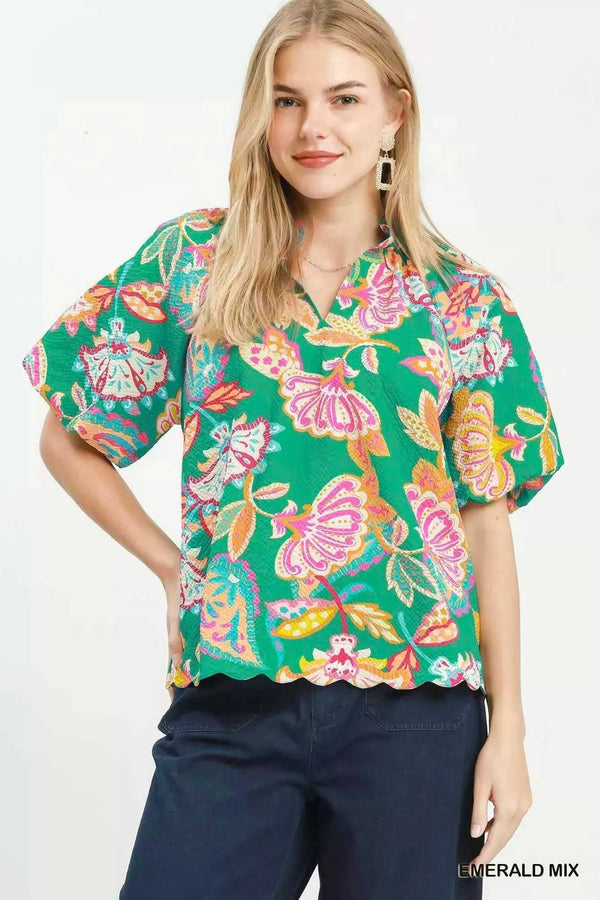 Umgee Mix Floral Print Scallop Hem Blouse 100100293621635 47 Affordable Fashion Under $100 Jerry's Apparel 