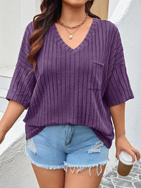 Plus Size V-Neck Ribbed Knit T-Shirt