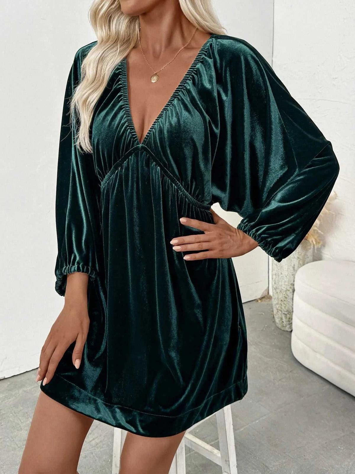 Ruched V-Neck Balloon Sleeve Dress 100100977231400 48 Affordable Fashion Under $100 Jerry's Apparel 
