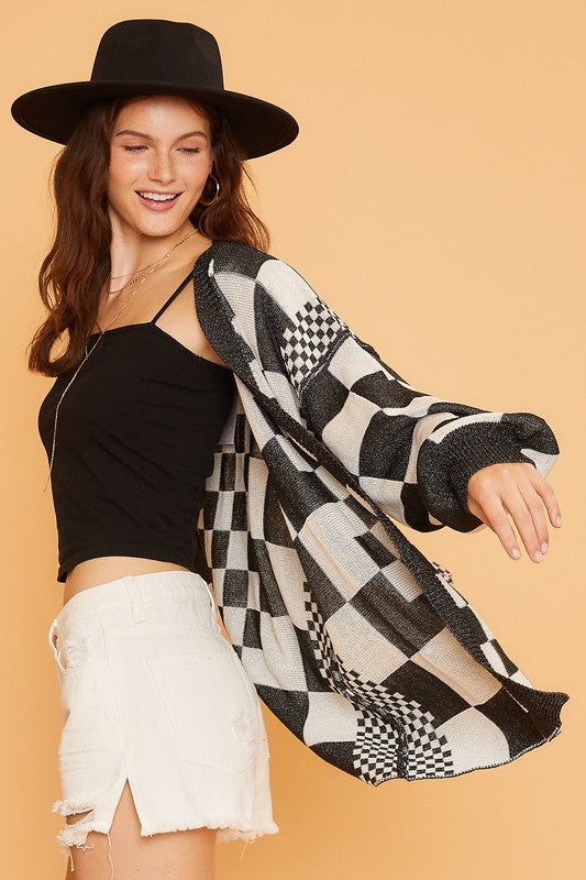 Annie Wear Checkered Open Front Drop Shoulder Cardigan