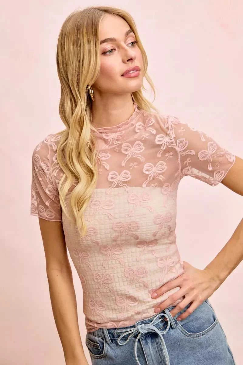 BiBi High Neckline Short Sleeves Bow Pattern Mesh Top 100100195641471 30 Affordable Fashion Under $100 Jerry's Apparel 